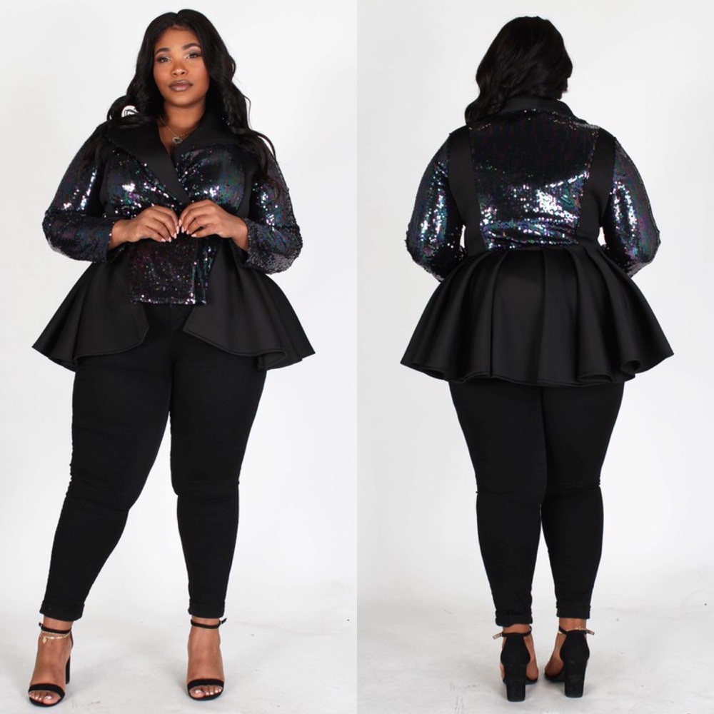 Plus Size Black Sequin Peplum Jacket